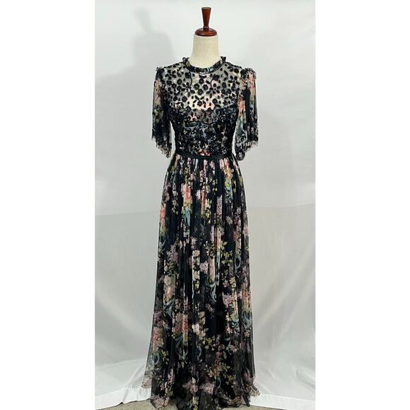NEEDLE & THREAD Sz 8 UK 4 US Black Floral Beaded Long Maxi Dress Gown NWT - Picture 10 of 15